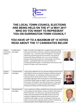 THE LOCAL TOWN COUNCIL ELECTIONS ARE BEING HELD on the 4Th of MAY 2017 WHO DO YOU WANT to REPRESENT YOU on DURRINGTON TOWN COUNCIL?