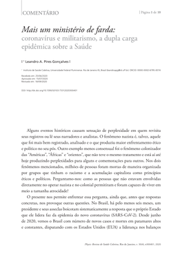 Mais Um Ministério De Farda: Coronavírus E Militarismo, a Dupla Carga Epidêmica Sobre a Saúde