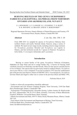 BURYING BEETLES of the Genus Nicrophorus Fabricius (Coleoptera: Silphidae) from NORTHERN ONTARIO and AKIMISKI ISLAND, NUNAVUT