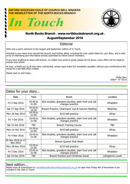 Dates for Your Diary... Editorial Next Edition