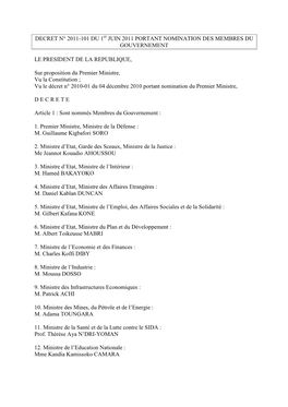 Juin 2011 Portant Nomination Des Membres Du Gouvernement