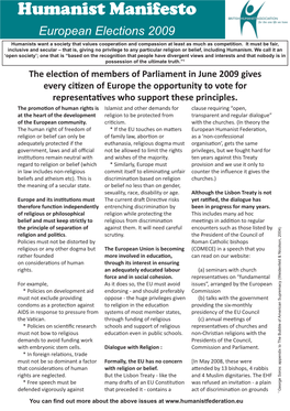 Humanist Manifesto European Elections 2009 Humanists Want a Society That Values Cooperation and Compassion at Least As Much As Competition