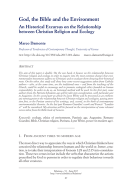 God, the Bible and the Environment an Historical Excursus on the Relationship Between Christian Religion and Ecology