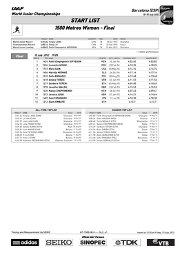 START LIST 1500 Metres Women - Final