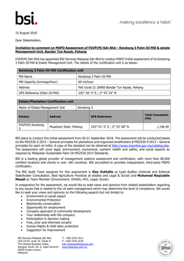 Sdn Bhd – Keratong 3 Palm Oil Mill & Estate Management Unit, Bandar Tun Razak, Pahang