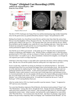 Gypsy” (Original Cast Recording) (1959) Added to the National Registry: 2009 Essay by Cary O’Dell