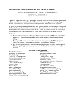 Appendix G: Reciprocal Borrowing Policy for Rtc Library Renton Technical College - Library Resource Center Reciprocal Borrowing