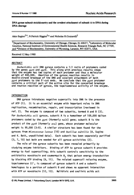 DNA Gyrase Subunit Stoichiometry and the Covalent Attachment of Subunit a to DNA During DNA Cleavage