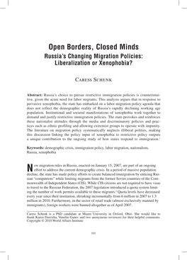 Open Borders, Closed Minds Russia’S Changing Migration Policies: Liberalization Or Xenophobia?