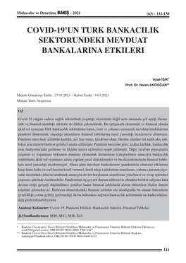 Covid-19'Un Türk Bankacilik Sektöründeki Mevduat