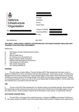 1 Pirbright WOKING Surrey GU24 OQQ Ref: Telephone [MOD]: Facsimile [MOD]: E-Mail: See Distribution Mar 2020 ASH SMALL ARMS RANG