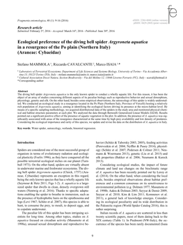 Ecological Preference of the Diving Bell Spider Argyroneta Aquatica in a Resurgence of the Po Plain (Northern Italy) (Araneae: Cybaeidae)