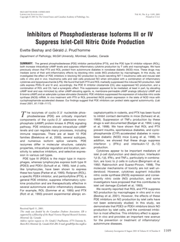 Inhibitors of Phosphodiesterase Isoforms III Or IV Suppress Islet-Cell Nitric Oxide Production Evette Beshay and Gérald J