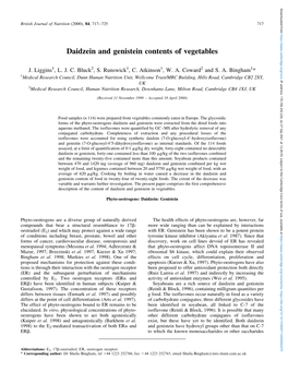 Daidzein and Genistein Contents of Vegetables