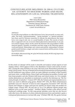 Context-Related Melodies in Oral Culture 37 Folk Song in Its Primary Function, I.E