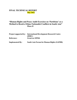 FINAL TECHNICAL REPORT “Human Rights and Peace Audit Exercises on 'Partitions' As a Method to Resolve Ethno-Nationalist Co