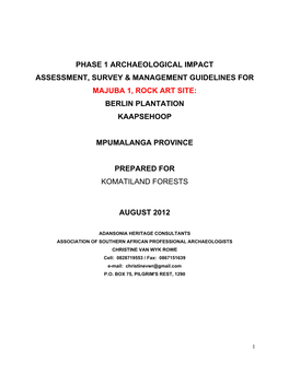 Phase 1 Archaeological Impact Assessment, Survey & Management Guidelines for Majuba 1, Rock Art Site: Berlin Plantation Kaapsehoop