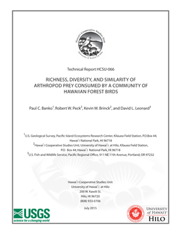 Richness, Diversity, and Similarity of Arthropod Prey Consumed by a Community of Hawaiian Forest Birds