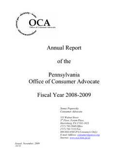 Annual Report of the Pennsylvania Office of Consumer Advocate Fiscal Year 2008-2009