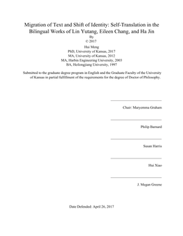 Self-Translation in the Bilingual Works of Lin Yutang, Eileen Chang, and Ha