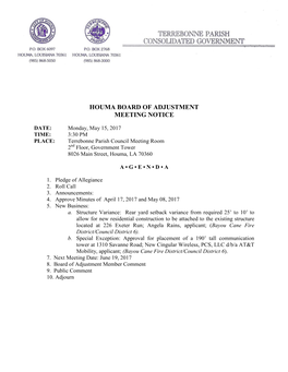 Houma Board of Adjustment Meeting Notice