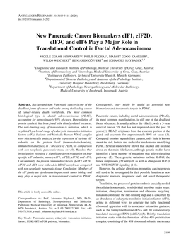 New Pancreatic Cancer Biomarkers Eif1, Eif2d, Eif3c and Eif6 Play A