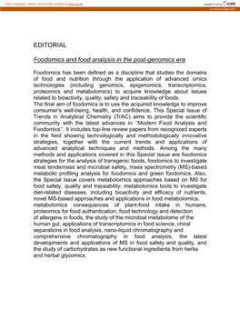 EDITORIAL Foodomics and Food Analysis in the Post-Genomics