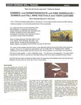 Und HERBSTWEINFESTE Und IHRE GEBRAUCHE / SUMMER and FALL WINE FESTIVALS and THEIR CUSTOMS Wine Festivals Abound in Germany