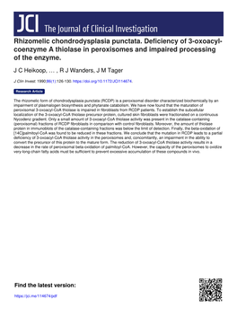 Rhizomelic Chondrodysplasia Punctata. Deficiency of 3-Oxoacyl- Coenzyme a Thiolase in Peroxisomes and Impaired Processing of the Enzyme