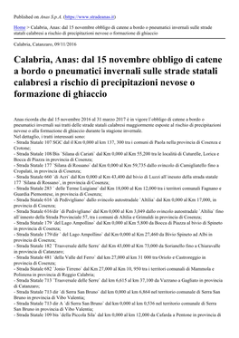 Calabria, Anas: Dal 15 Novembre Obbligo Di Catene a Bordo O