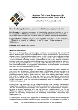 Strategic Catchment Assessment in Umhlathuze Municipality, South Africa