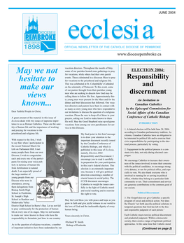 Ecclesia OFFICIAL NEWSLETTER of the CATHOLIC DIOCESE of PEMBROKE