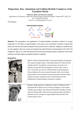 Magnesium, Zinc, Aluminium and Gallium Hydride Complexes of the Transition Metals Michael J