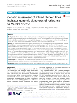 Genetic Assessment of Inbred Chicken Lines Indicates Genomic Signatures of Resistance to Marek’S Disease Lingyang Xu1,2,3*†, Yanghua He1†, Yi Ding1, George E