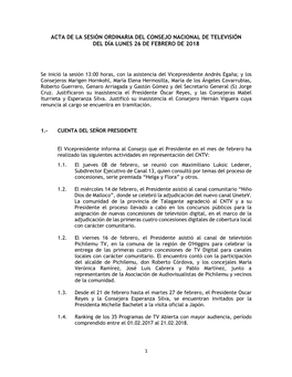 Acta De La Sesión Ordinaria Del Consejo Nacional De Televisión Del Día Lunes 26 De Febrero De 2018