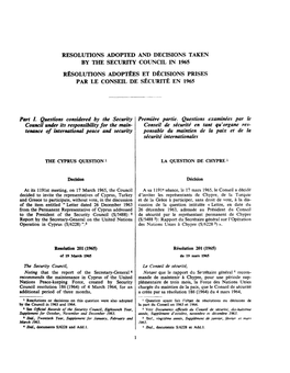 Resolutions Adopted and Decisions Taken by the Security Council in 1965 Résolutions Adoptées Et Décisions Prises Par Le Conseil De Sécurité En 1965