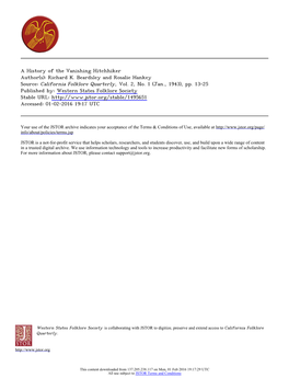 A History of the Vanishing Hitchhiker Author(S): Richard K. Beardsley and Rosalie Hankey Source: California Folklore Quarterly, Vol