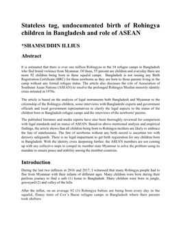 Stateless Tag, Undocumented Birth of Rohingya Children in Bangladesh and Role of ASEAN