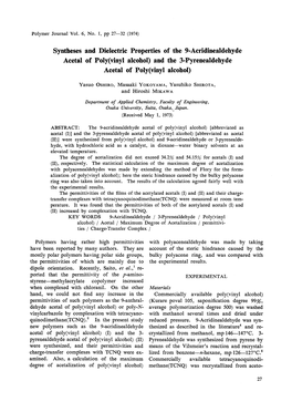 Syntheses and Dielectric Properties of the 9-Acridinealdehyde Acetal of Poly(Vinyl Alcohol) and the 3-Pyrenealdehyde Acetal of Poly(Vinyl Alcohol)