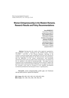 Women Entrepreneurship in the Western Romania. Research Results and Policy Recommendations