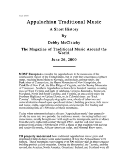 Appalachian Traditional Music a Short History by Debby Mcclatchy the Magazine of Traditional Music Around the World