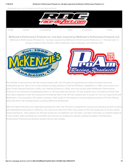 Mckenzie's Performance Products Inc. Has Been Acquired By