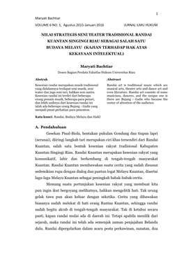 1 Maryati Bachtiar VOLUME 6 NO. 1, Agustus 2015-Januari 2016 JURNAL ILMU HUKUM NILAI STRATEGIS SENI TEATER TRADISIONAL