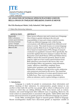 An Analysis of Woman Speech Features Used by Bella Swan in Twilight Breaking Dawn Ii Movie