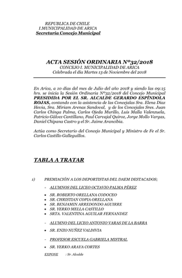 Acta Sesión Ordinaria Nº32/2018 Tabla a Tratar