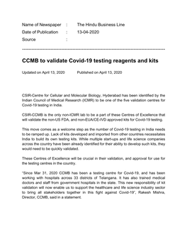 CCMB to Validate Covid-19 Testing Reagents and Kits 14 Apr, 2020 Print/Online Media