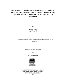 Documentation of Indigenous Antiparasitic Practices and Scientific Evaluation of Some Ethnobotanicals for Their Anthelmintic Activity