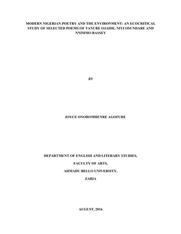 Modern Nigerian Poetry and the Environment: an Ecocritical Study of Selected Poems of Tanure Ojaide, Niyi Osundare and Nnimmo Bassey