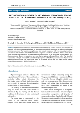 Phytosociogical Research on Wet Meadows Dominated by Scirpus Sylvaticus L