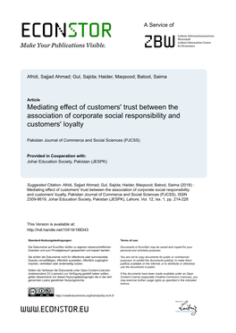 Mediating Effect of Customers' Trust Between the Association of Corporate Social Responsibility and Customers' Loyalty
